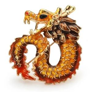 YEAR IF THE DRAGON - 
RED GOLD ENAMEL DRAGON BROOCH / PIN